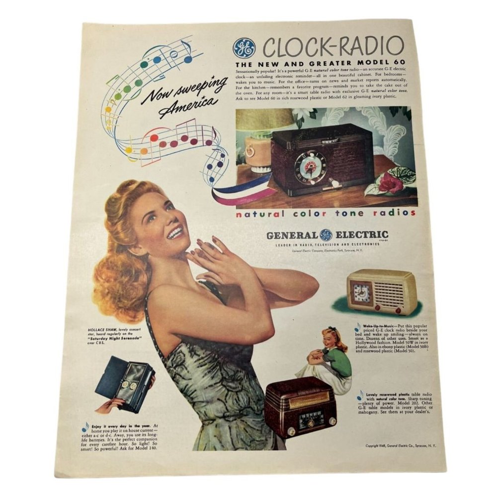 Vintage 1948 GE General Model 60 Clock Radio Print Ad Hollace Shaw Concert